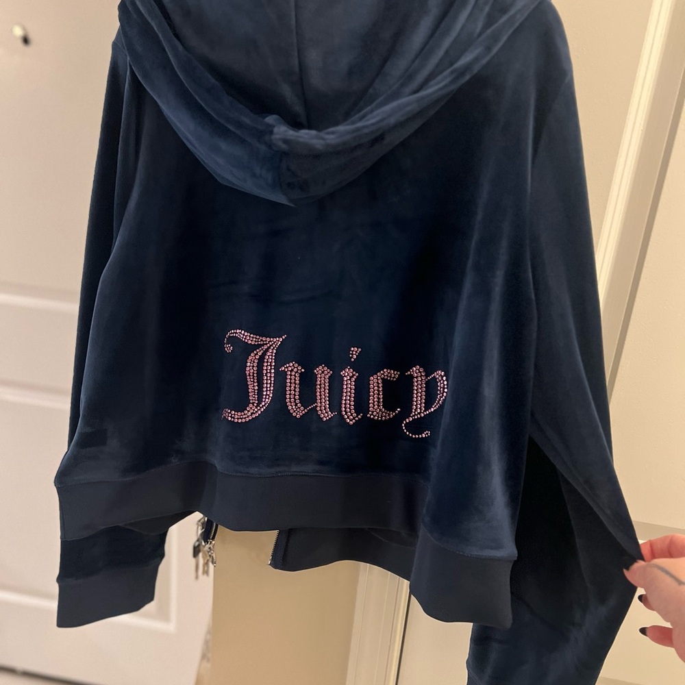Juicy Couture Dark Blue Velour Hoodie with Pink Logo